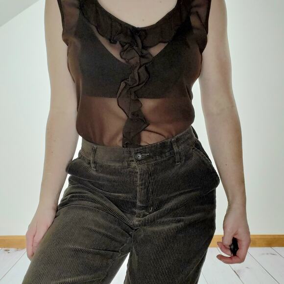 Vintage 90s Y2K Mesh Ruffle Tank Chocolate Brown Medium - Picture 5 of 10